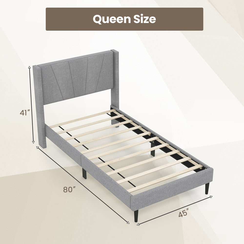 Queen size bed frame with linen upholstered wingback headboard, featuring sturdy wood legs and 10 plywood slats for.