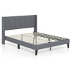 Full/Queen size bed frame with wingback upholstered headboard and wood slat support, featuring side pockets for storage.
