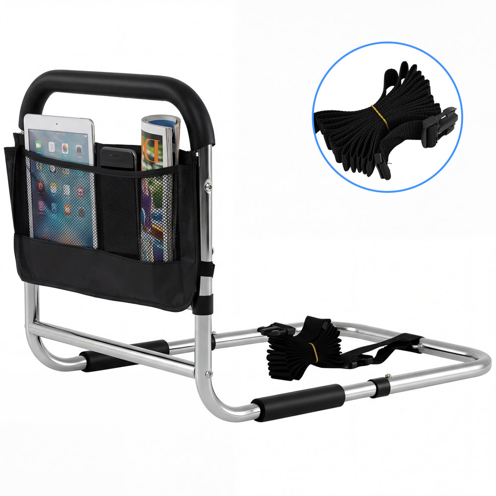 Height adjustable bed assist rail with padded handrail and mesh pocket for elderly adults, providing safety and support.