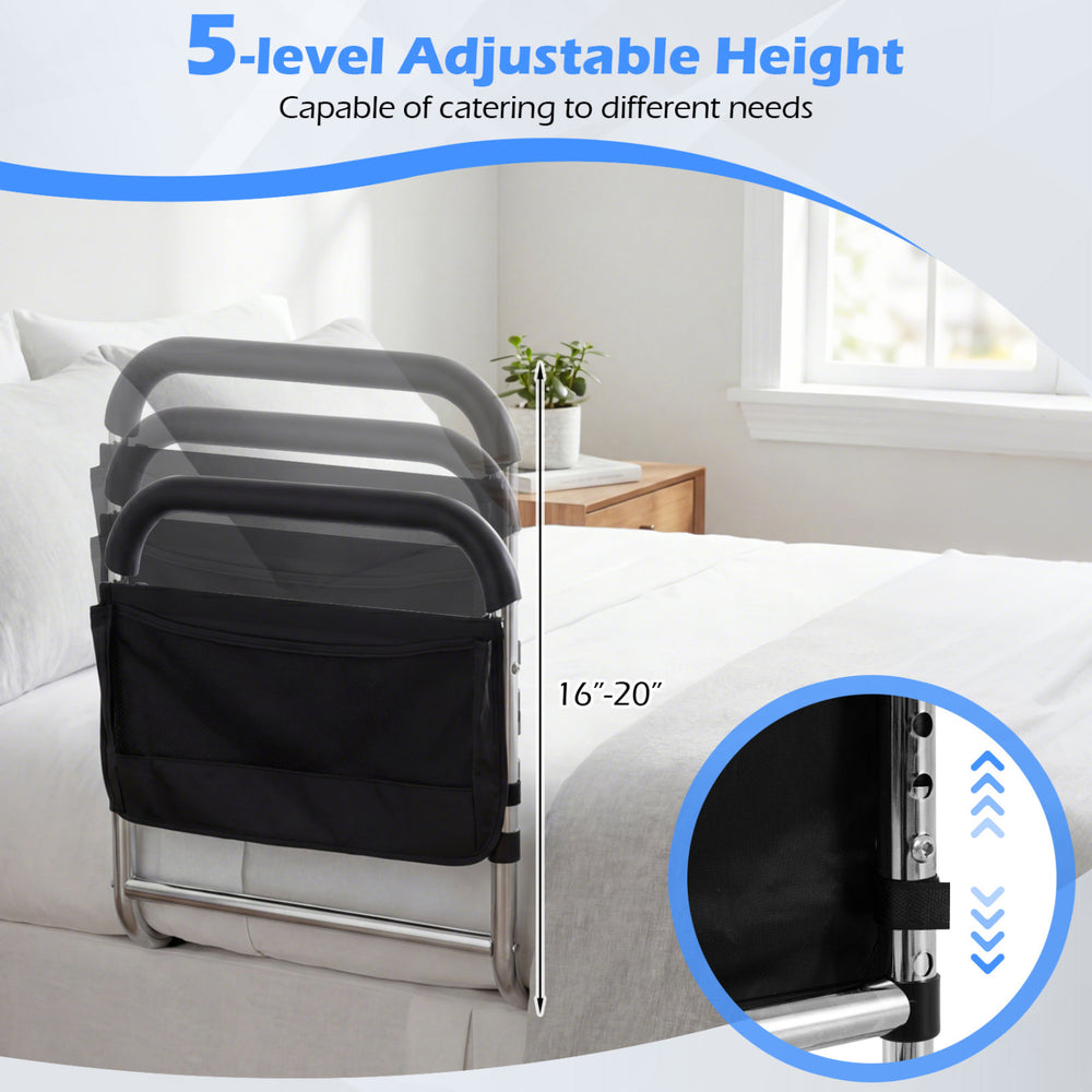 Height adjustable bed rail with padded handrail and mesh pocket, designed for elderly adults and easy to use.
