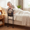Height adjustable bed assist railings with padded handrail and storage pocket for elderly safety and support.