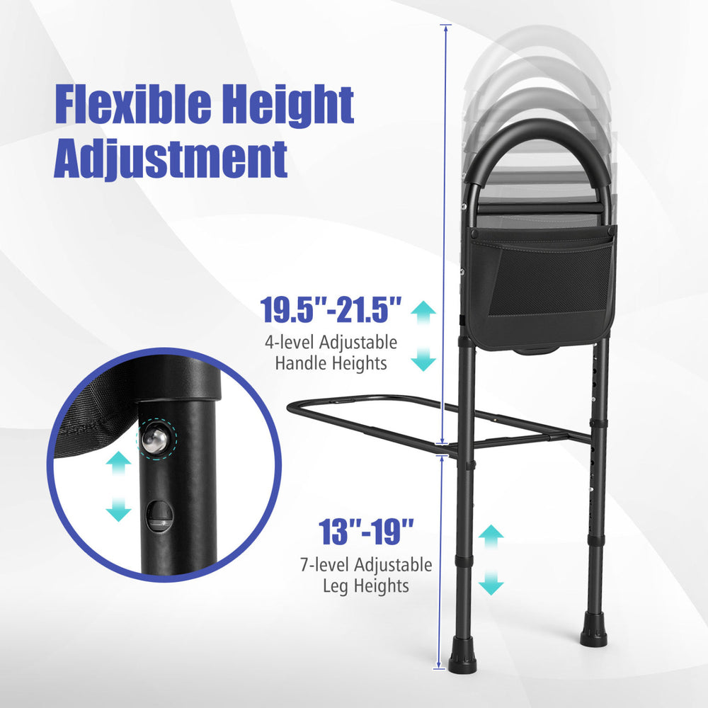 Height adjustable bed rail for elderly adults, featuring 4-level handle and 7-level leg adjustments for optimal support.
