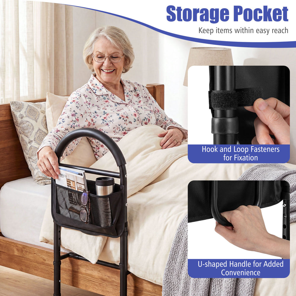 Bed assist rail with adjustable height, padded handrail, and storage pocket for elderly safety and convenience.