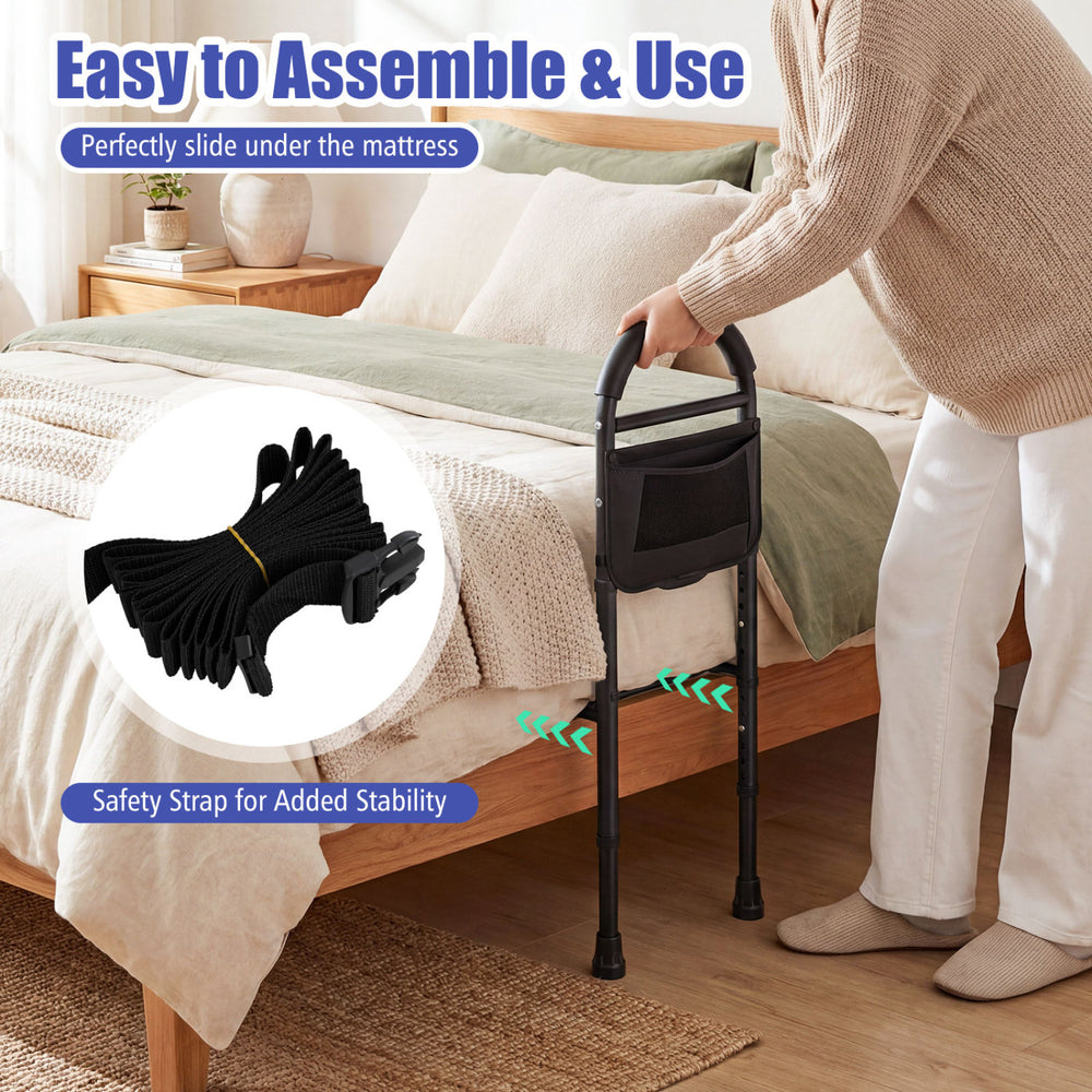 Height adjustable bed rails for elderly adults, featuring a padded handrail and safety strap for added stability.