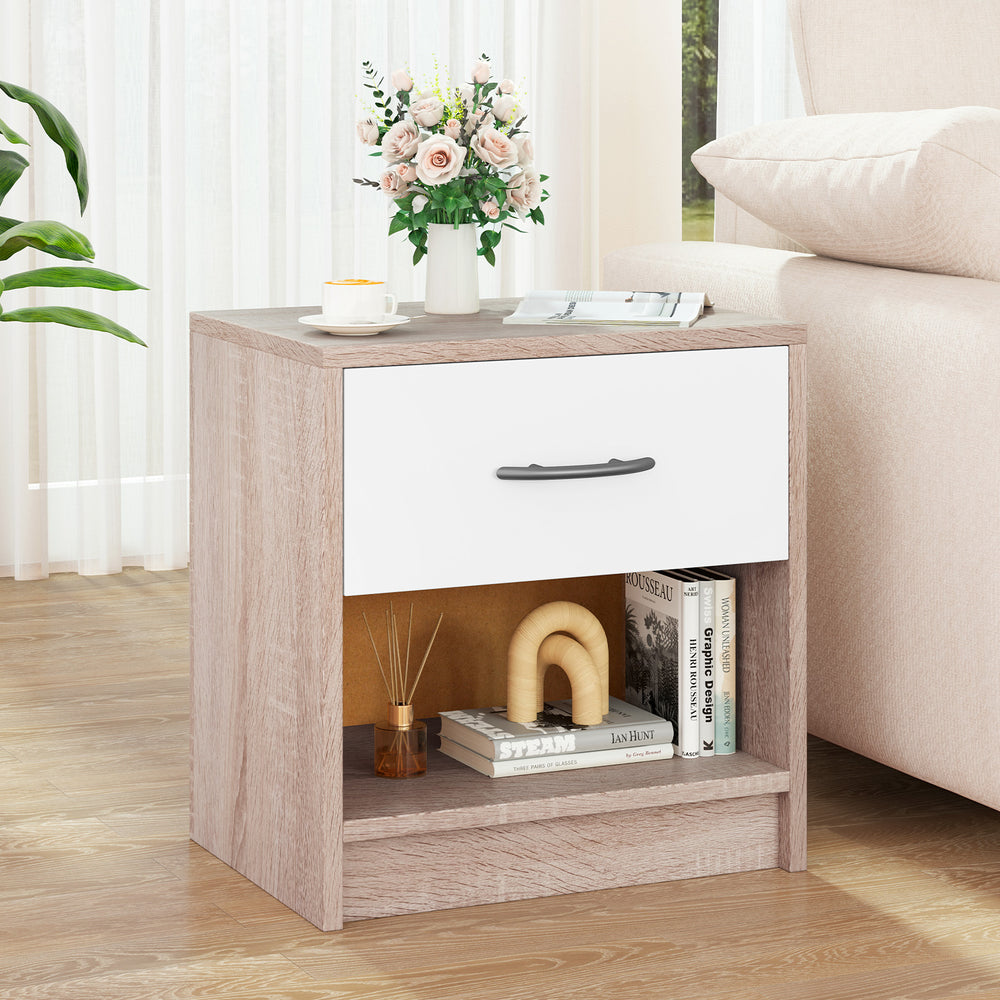 Bedside Table Nightstand with Drawer and Open Storage Shelf-Natural & White - Gallery View 1 of 10