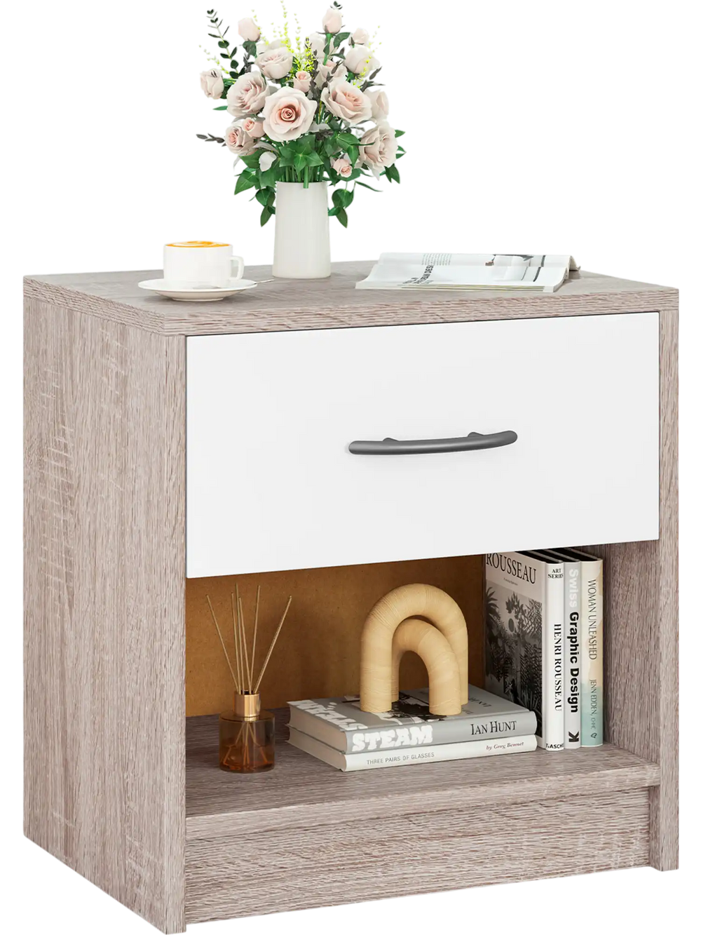 Light gray bedside table nightstand with a drawer and open shelf, perfect for bedroom or living room storage.
