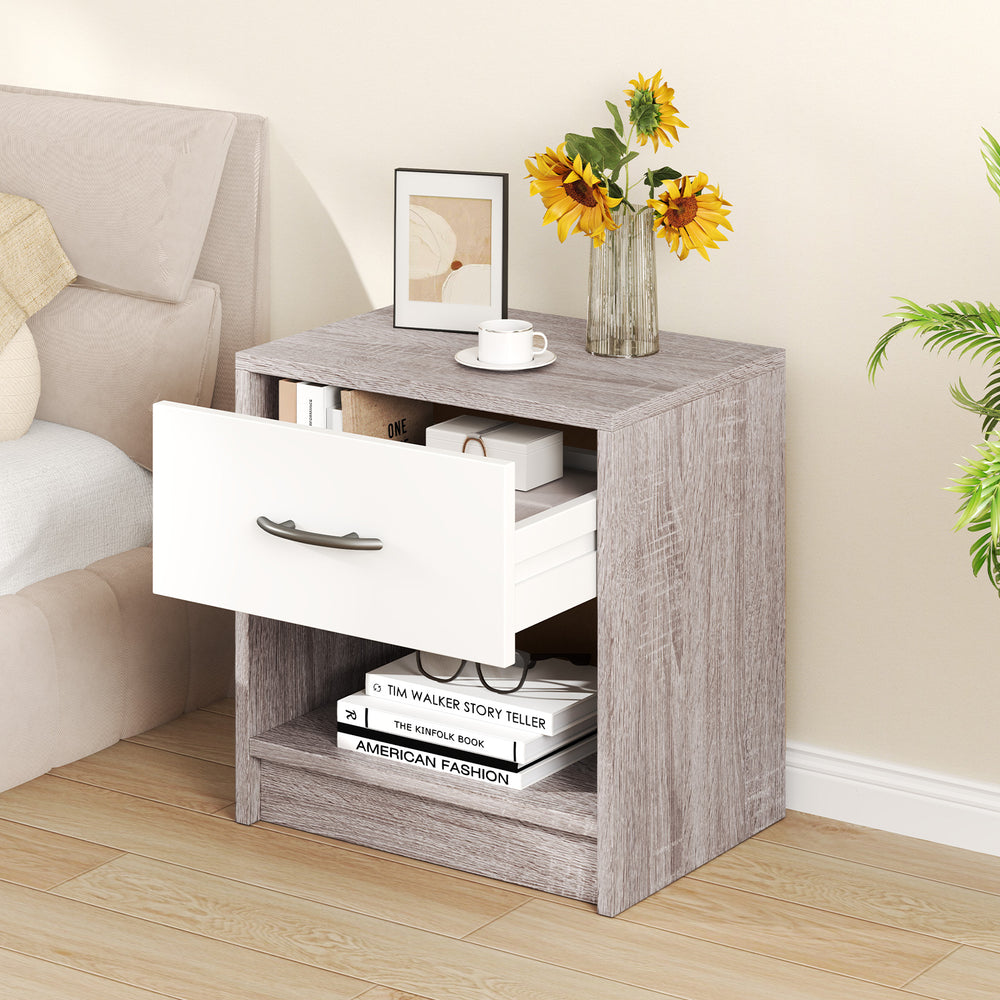 Light gray bedside table nightstand with a pull-out drawer and open storage shelf, ideal for bedroom or living room use.