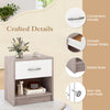 Light gray bedside table nightstand featuring a drawer and open shelf, with non-slip foot pads for stability.
