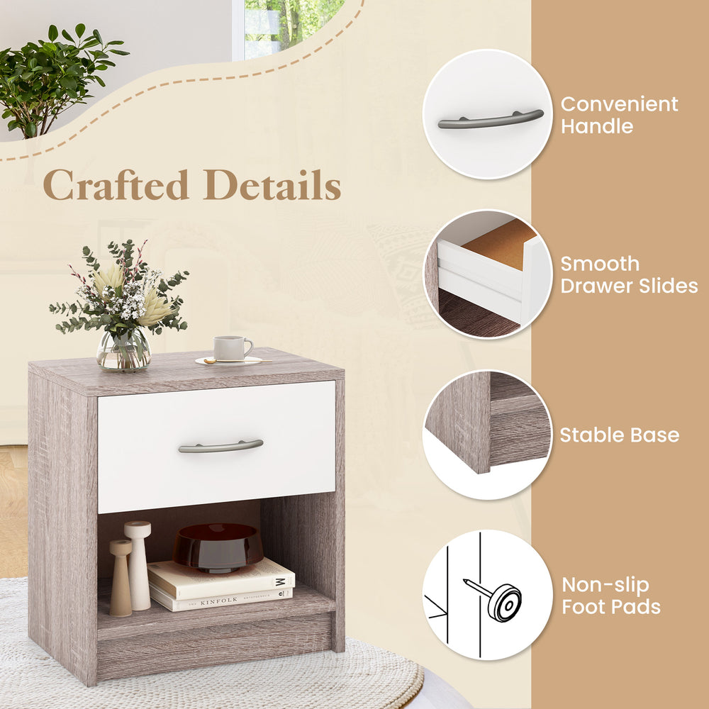 Light gray bedside table nightstand featuring a drawer and open shelf, with non-slip foot pads for stability.