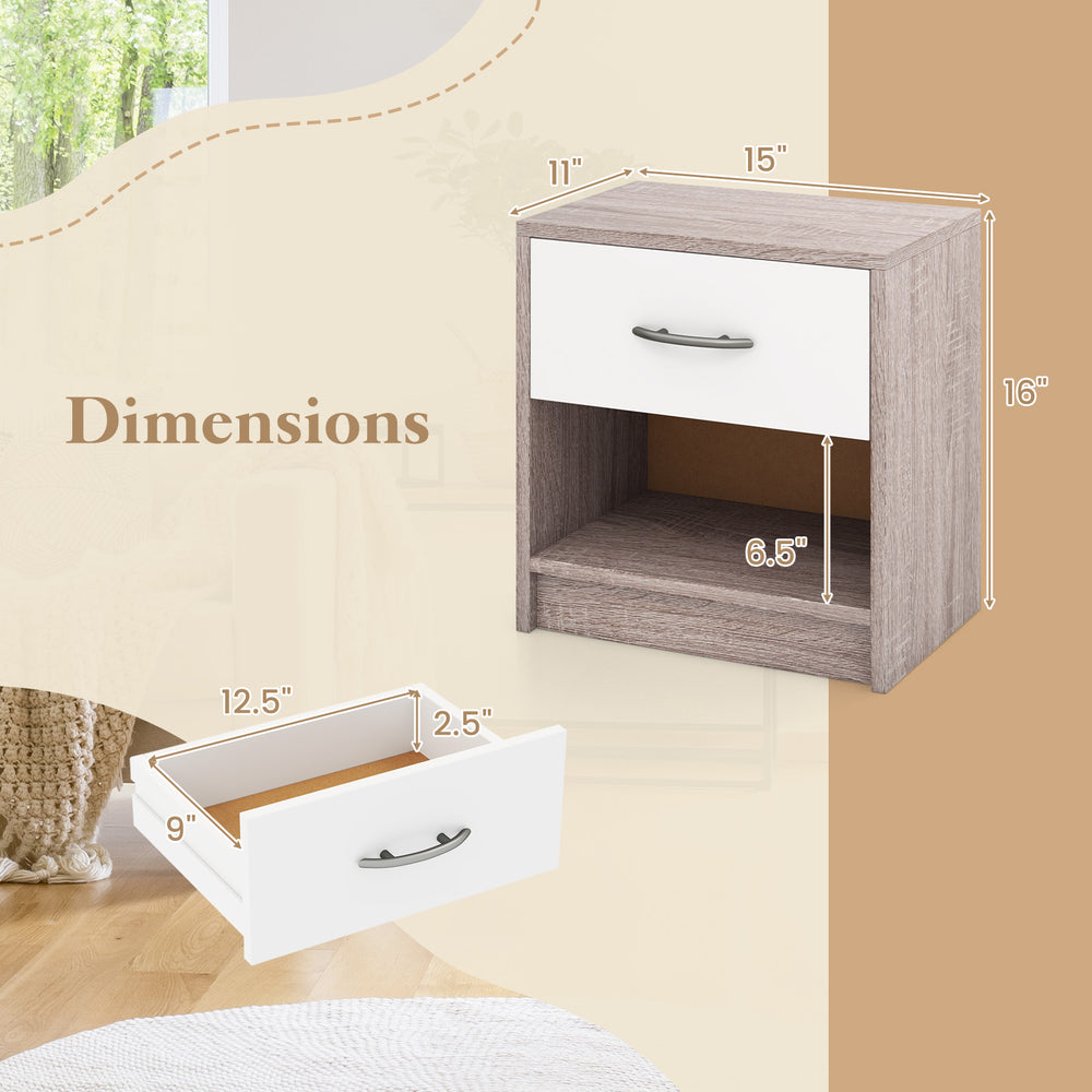 Light gray bedside table nightstand with drawer and open shelf, featuring dimensions for easy placement and assembly.
