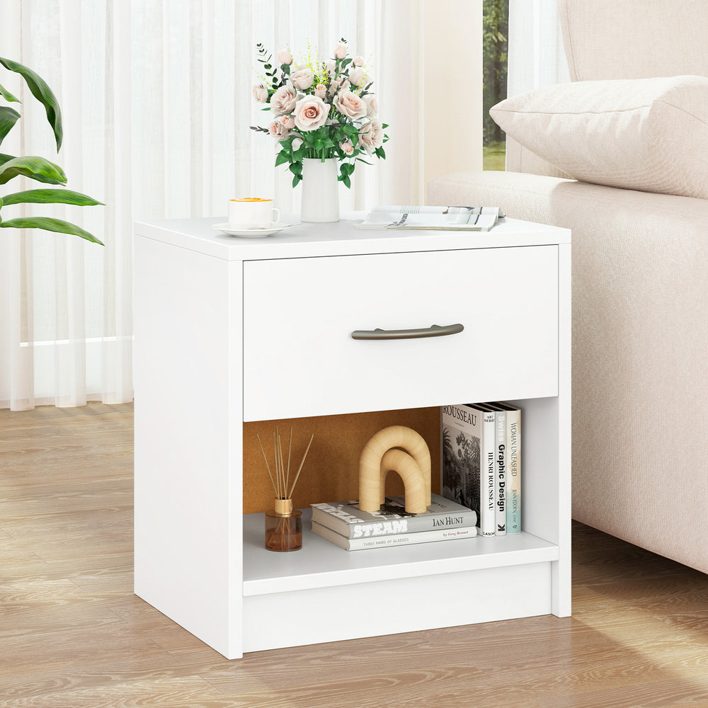 Bedside Table Nightstand with Drawer and Open Storage Shelf-White - Gallery View 1 of 9