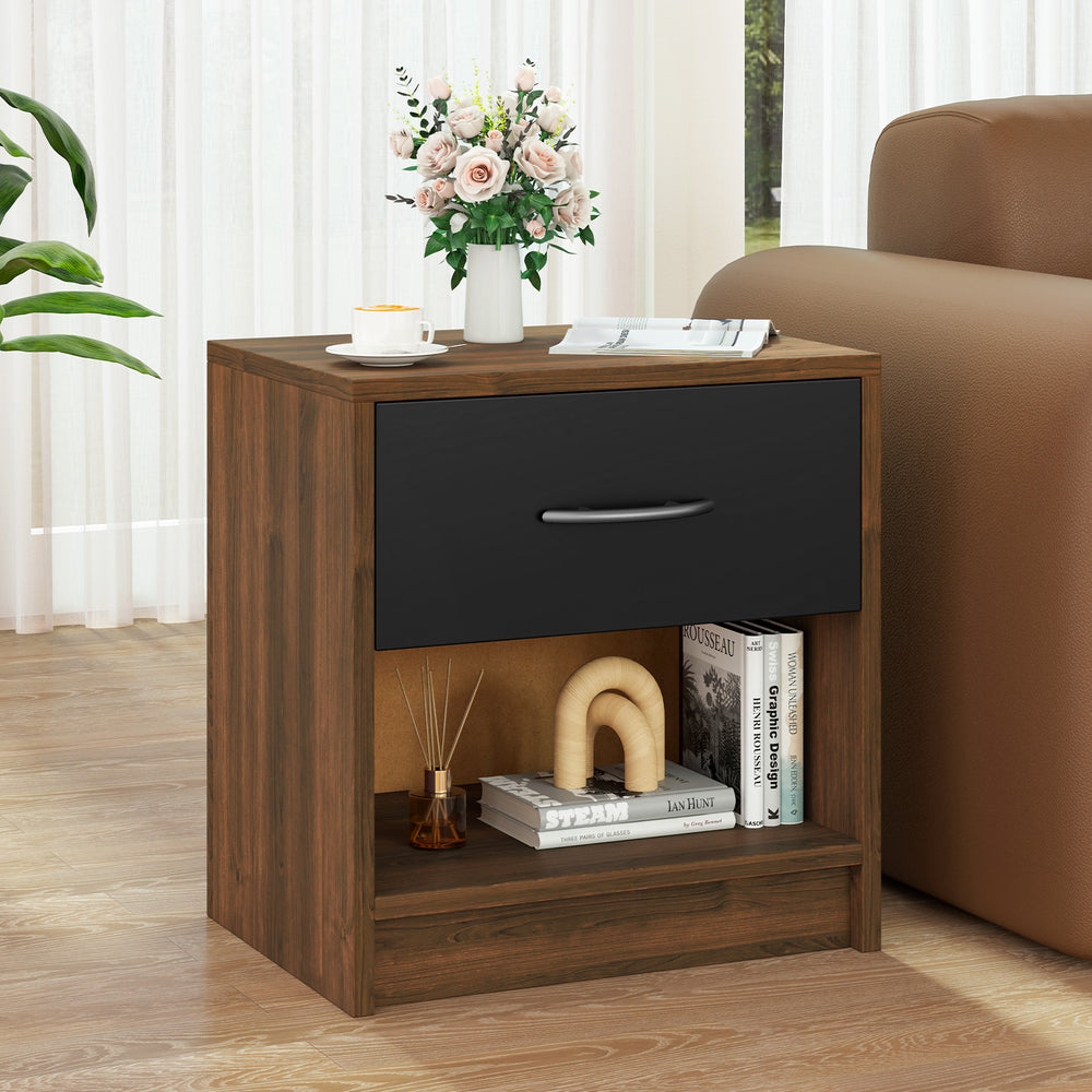 Bedside Table Nightstand with Drawer and Open Storage Shelf-Brown - Gallery View 1 of 10