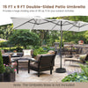 15 FT double-sided patio umbrella in beige with crank handle, providing ample shade for outdoor furniture.