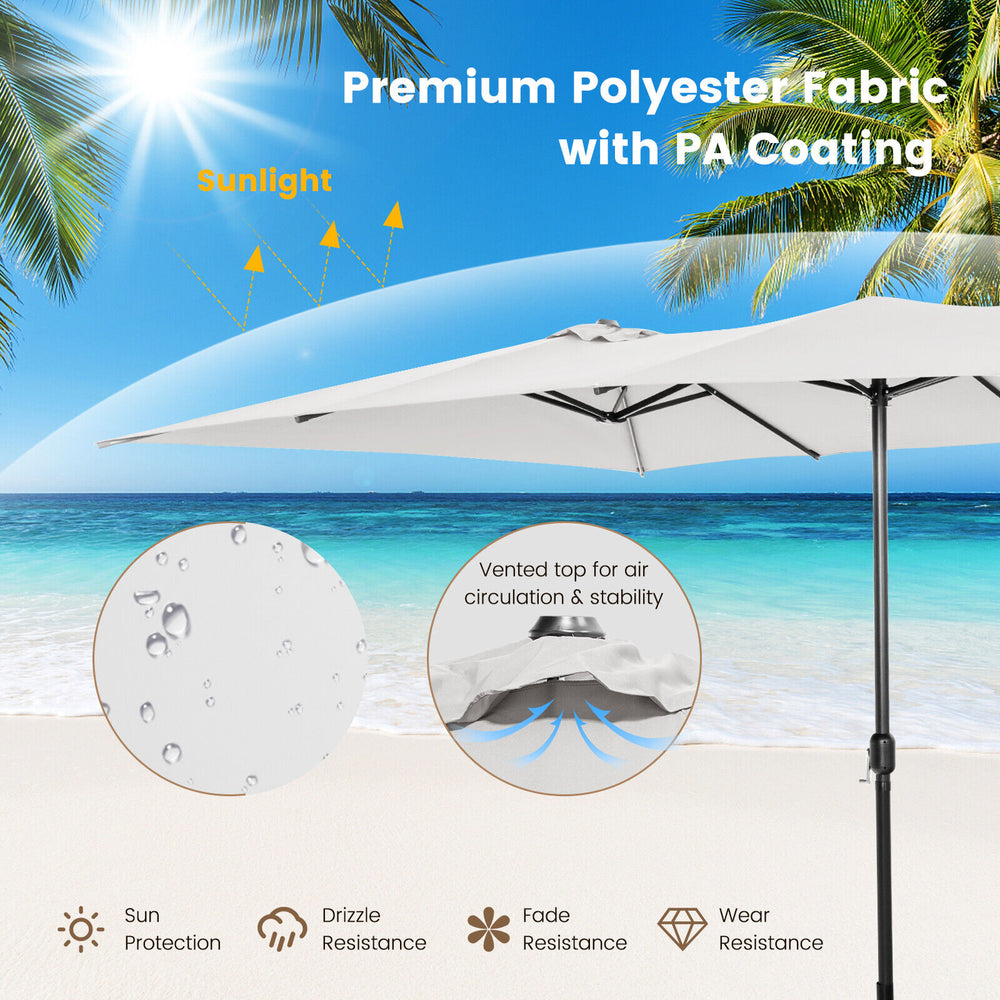15 feet double-sized beige patio umbrella with crank handle, vented tops for stability, perfect for outdoor furniture.