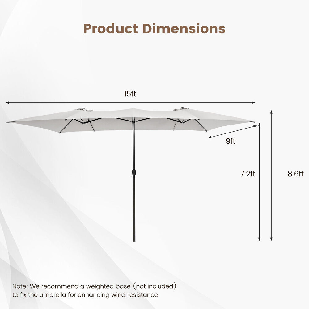 15-foot double-sized patio umbrella in beige, featuring a crank handle and vented tops for stability and air.
