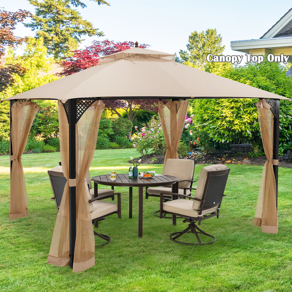 Beige 10 x 12 feet gazebo replacement top with air vent and drainage holes for outdoor gatherings and barbecues.