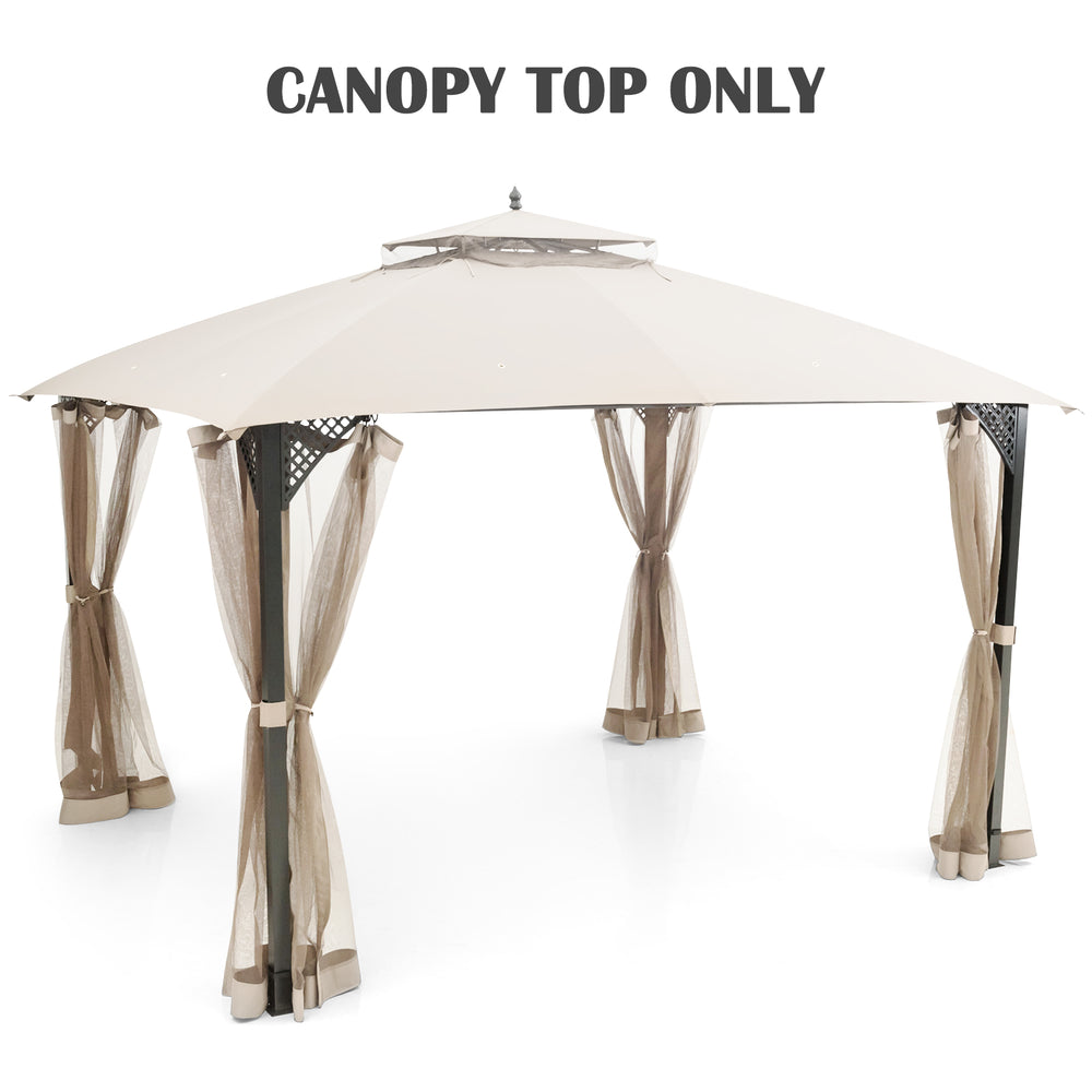 Beige 10 x 12 feet gazebo replacement top with air vent, drainage holes, and breathable mesh for outdoor gatherings.