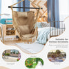 Hanging rope swing chair in beige with soft pillow and cushions, perfect for garden relaxation and stylish decor.