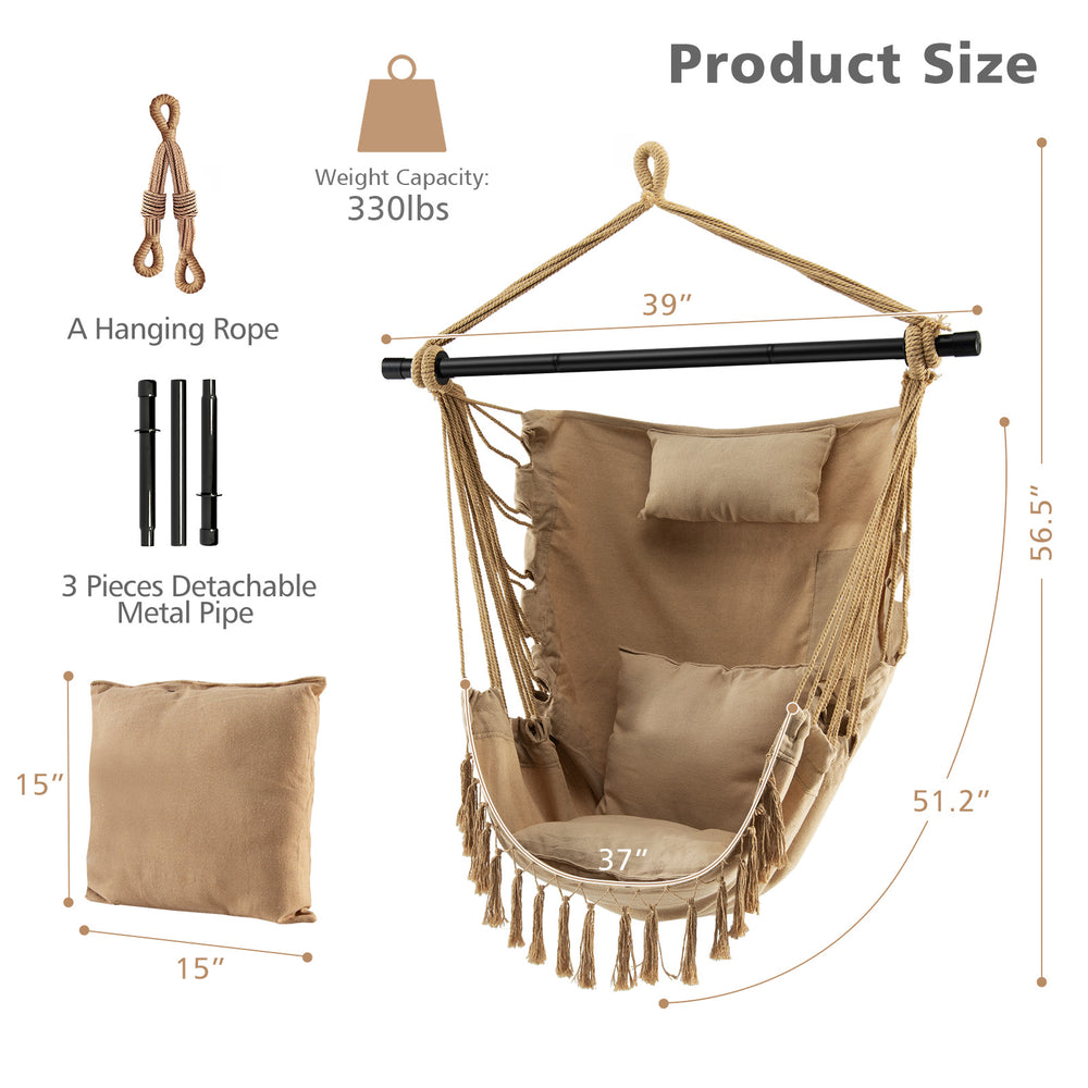 Hanging rope swing chair in beige with soft pillow and cushions, featuring stylish tassels for indoor and outdoor use.