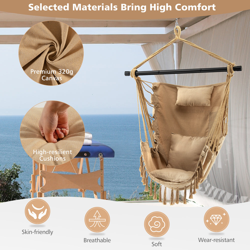 Hanging rope swing chair in beige with soft pillow and cushions, perfect for indoor and outdoor relaxation.