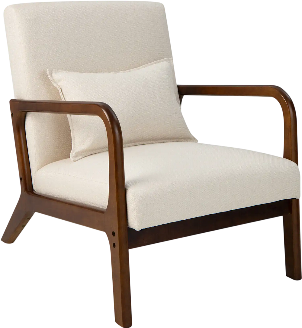 Beige modern accent chair with rubber wood frame and lumbar pillow, ideal for reading and relaxation.