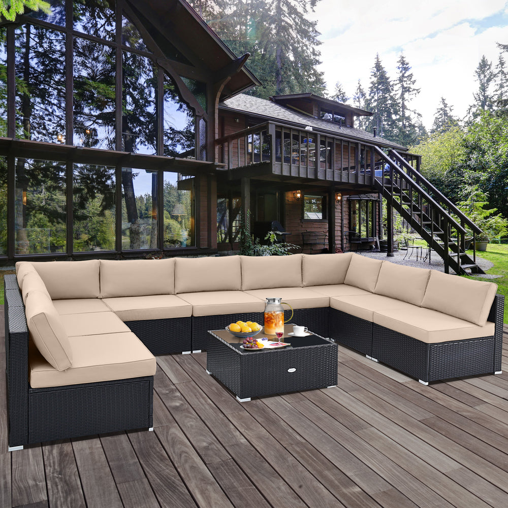 10 Piece Outdoor Wicker Conversation Set with Seat and Back Cushions-Beige - Gallery View 1 of 11