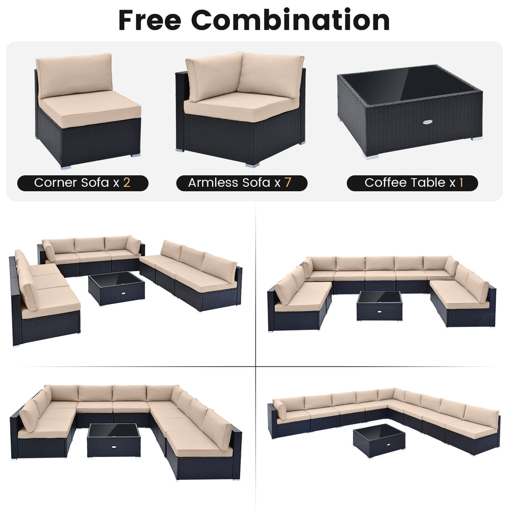 10-piece outdoor wicker conversation set with beige cushions, featuring a corner sofa and coffee table for versatile.