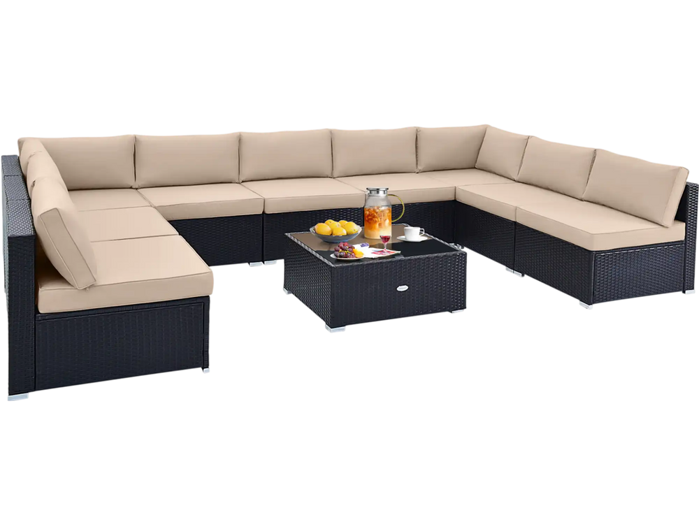 L-shaped 10 piece outdoor wicker conversation set with beige cushions, featuring a tempered glass tabletop for.