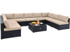 L-shaped 10 piece outdoor wicker conversation set with beige cushions, featuring a tempered glass tabletop for.