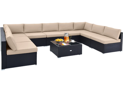 Costway 10-Pc Outdoor Wicker Conversation Set w/ Seat & Back Cushions 71568324 New