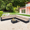 L-shaped 10 piece outdoor wicker conversation set with beige cushions, ideal for spacious patio gatherings.