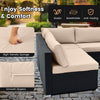 Beige seat and back cushions of a 10-piece outdoor wicker conversation set, featuring smooth zippers for easy cleaning.