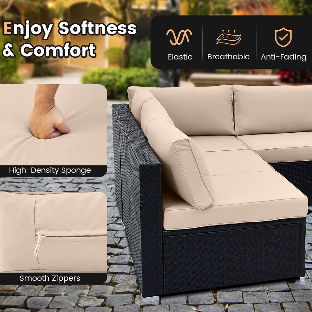 Beige seat and back cushions of a 10-piece outdoor wicker conversation set, featuring smooth zippers for easy cleaning.