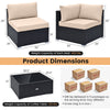 L-shaped outdoor wicker conversation set with beige cushions, featuring a tempered glass coffee table for versatile.