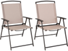 Set of 2 beige patio dining chairs with armrests, rustproof steel frame, foldable design for outdoor convenience.
