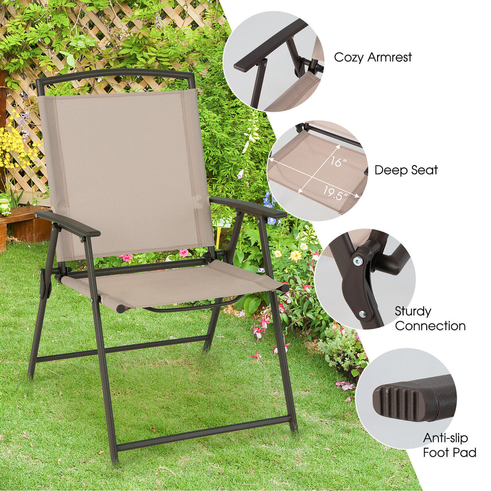 Patio dining chair with armrests in beige, featuring a rustproof steel frame and foldable design for outdoor.
