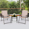 Set of 2 beige patio dining chairs with armrests and rustproof steel frame, perfect for outdoor relaxation.