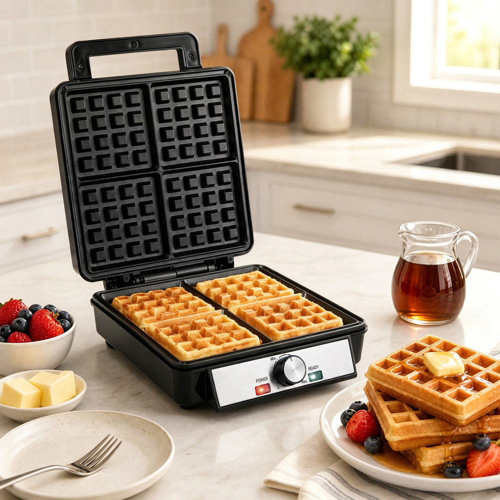 Belgian waffle maker with non-stick plates, making 4 square waffles at once, perfect for easy breakfast preparation.