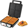 Belgian waffle maker with power and ready indicator lights, designed for easy operation and efficient cooking of 4 waffles.