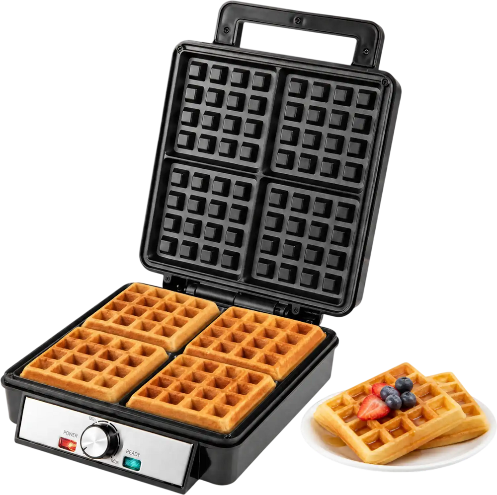 Belgian waffle maker with power and ready indicator lights, designed for easy operation and efficient cooking of 4 waffles.