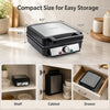 Belgian waffle maker with a compact design, making 4 slices at once, perfect for easy storage and effortless cleanup.