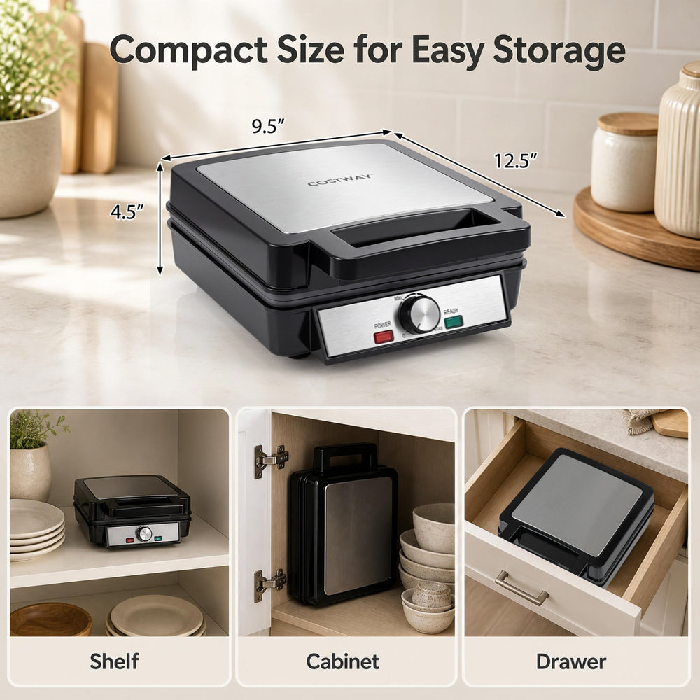 Belgian waffle maker with a compact design, making 4 slices at once, perfect for easy storage and effortless cleanup.