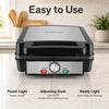 Belgian waffle maker with a non-stick coating, power and ready lights, and adjustable temperature for easy use.