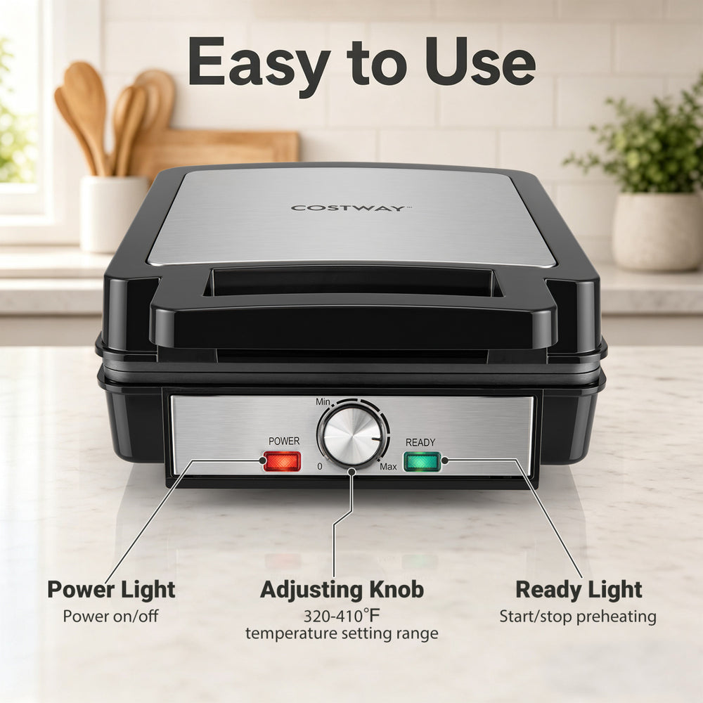 Belgian waffle maker with a non-stick coating, power and ready lights, and adjustable temperature for easy use.