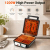 Belgian waffle maker with 1200W output makes 4 square waffles at once, featuring a non-stick plate for easy cleanup.