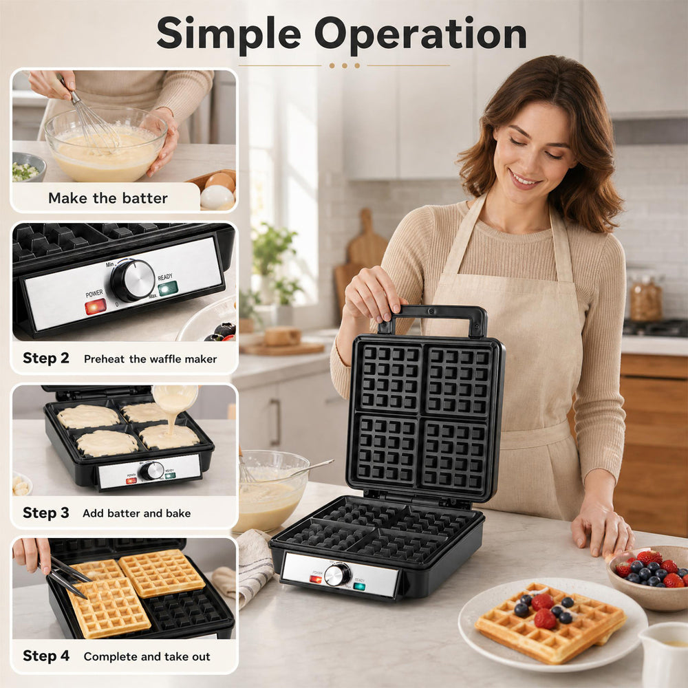 Belgian waffle maker with non-stick plates, making 4 square slices, features a temperature range for perfect golden waffles.