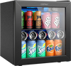 Beverage refrigerator cooler with glass door, holding 12 bottles and 55 cans, featuring adjustable temperature settings.