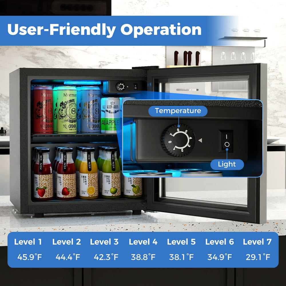Beverage refrigerator cooler with adjustable temperature settings, showcasing interior LED light and removable.