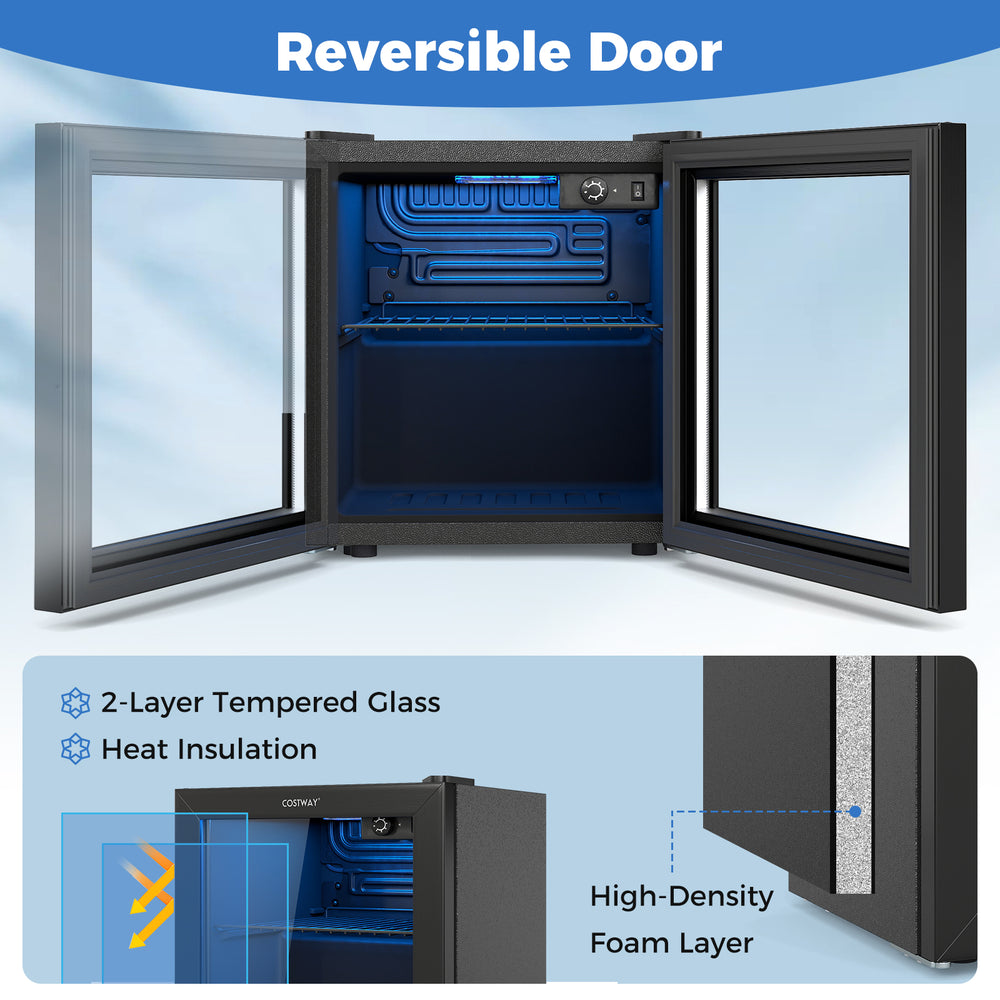 Interior view of the black beverage refrigerator cooler with reversible door, showcasing 2-layer tempered glass and.