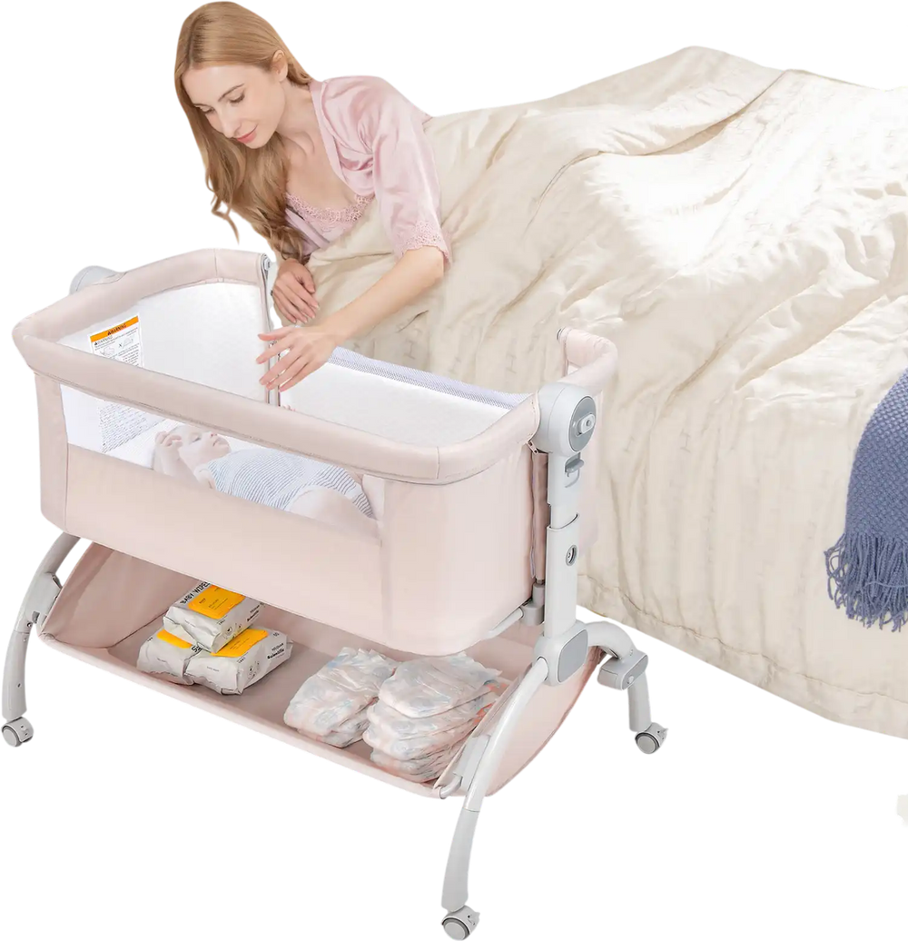 3-in-1 baby bassinet in beige with adjustable height, mesh sides, and storage basket for bedside use and easy transport.